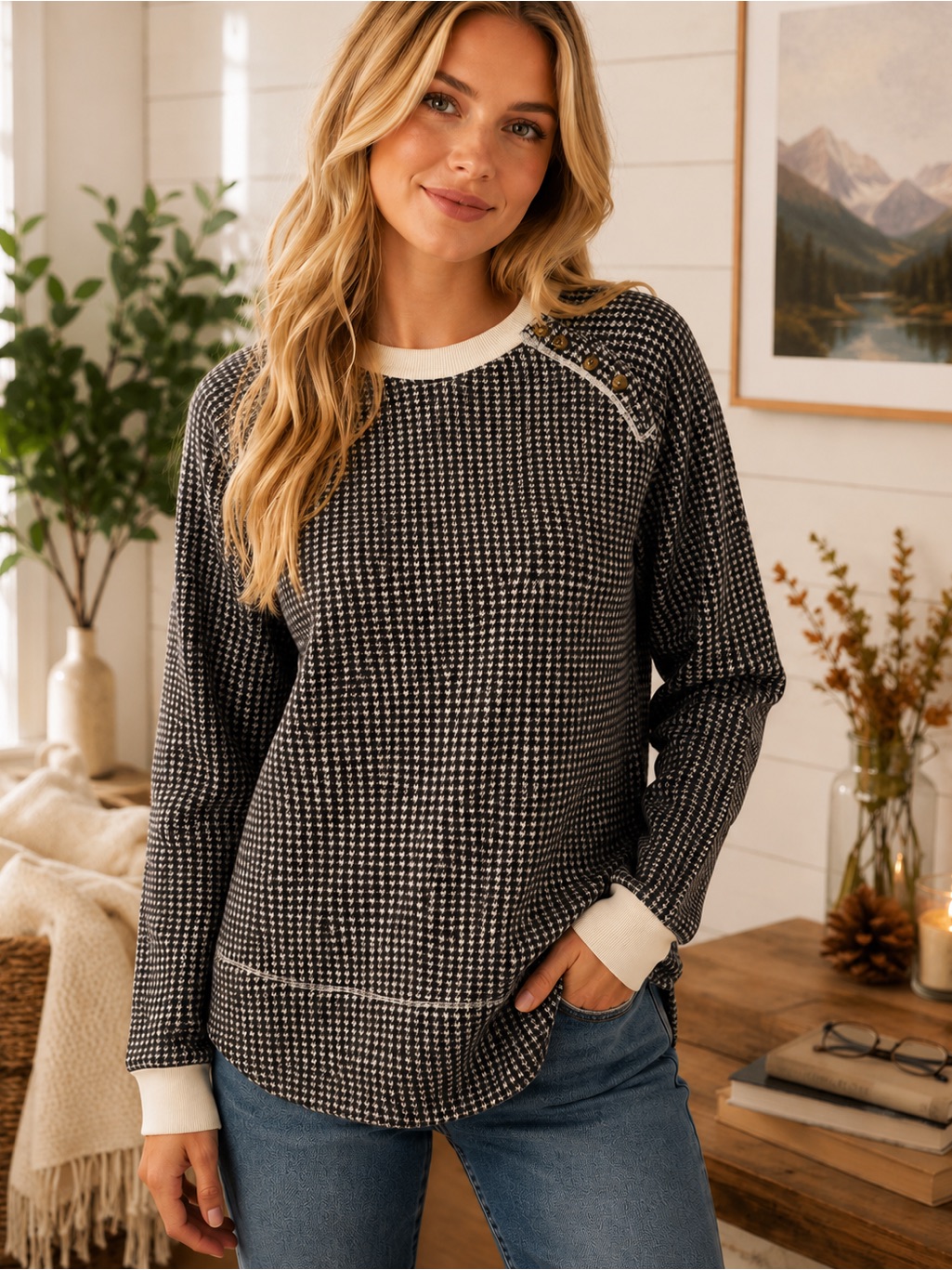 Columbia Chillin Sweater Pullover Women’s M Black White Houndstooth Fleece